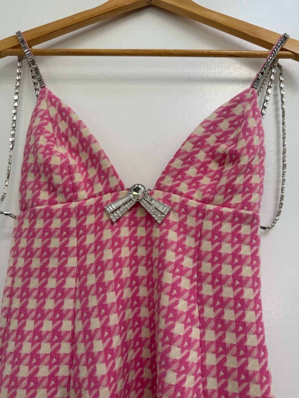 AREA Pink and White Tweed Dress with Silver Chain Detail - Picture 7 of 10